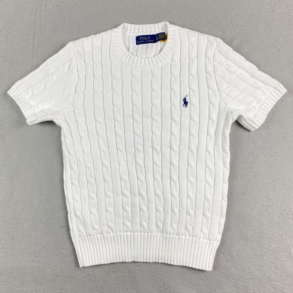 Polo Ralph Lauren Womens Cable Knit Sweater S white Sleeve Preppy navy pony